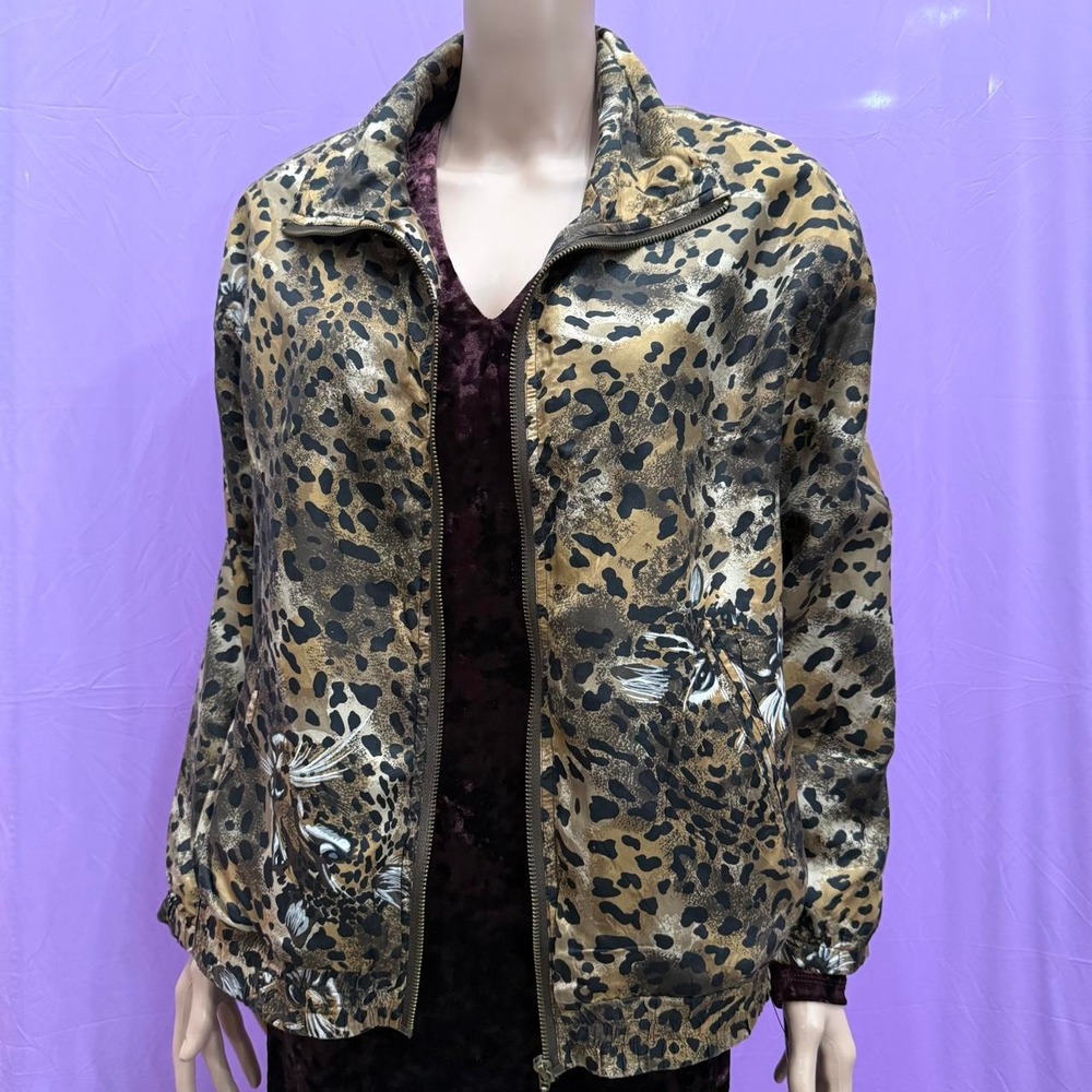 EVR Vintage 90s Leopard Print 100% Silk Bomber Jacket Brown Tan Small